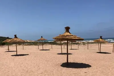 a group of straw umbrellas on a beach at BM Resort in Casablanca