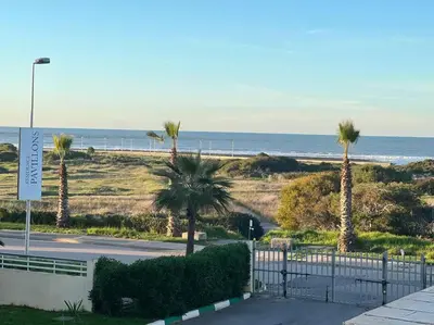 a view of a beach with palm trees and the ocean at Superbe Appartement Bord de mer in Bouznika