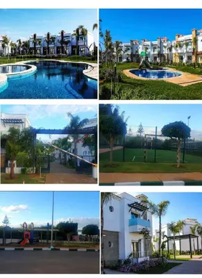 four different pictures of houses and a pool at BEAU TRIPLEX EN RESIDENCE in Skhirat