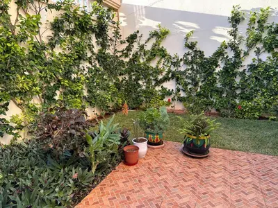 a garden with potted plants on a brick patio at Rez-de-jardin à Mohammedia in Mohammedia