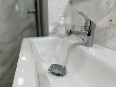 a bathroom sink with a toothbrush sitting on top of it at Comfy & Modern Studio at blv Anfa in Casablanca