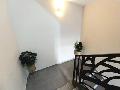 a hallway with two potted plants on the wall at Beautiful apartment next to airport Mohamed V in Derroua