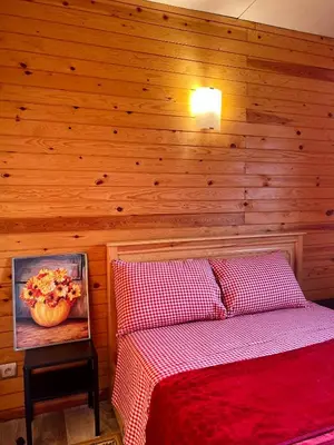 a bedroom with a bed and a wooden wall at Ecolodge Vert, Benslimane in Oulad Youssef