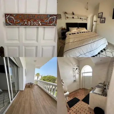 a collage of pictures of a bedroom with a bed and a balcony at Villa entière Dar Baida Plage David Bouznika in Bouznika