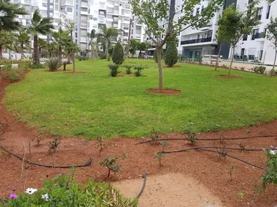 a park with a tree and grass and a building at Studio à Prestigia HayRiad/Rabat in Rabat