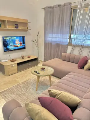 a living room with two couches and a tv at Take a cosy rest Near the airport in Nouaceur