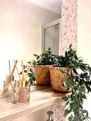 two potted plants sitting on a counter in a bathroom at Appartametno moderno centro di casa in Casablanca