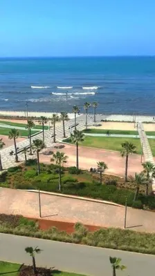 a view of a park with palm trees and the ocean at Appartement chic, moderne vue sur mer in Casablanca