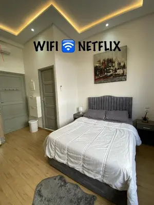 a bedroom with a bed with a netflix sign on the wall at Lovely Studio in the city centre with WIFI. in Casablanca