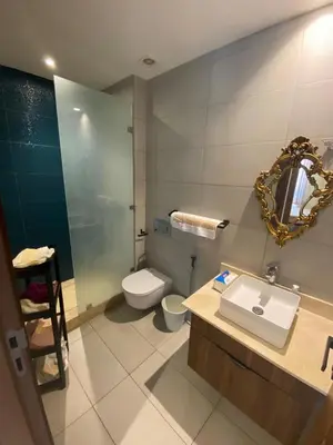 a bathroom with a toilet and a sink and a mirror at prestigieuse à casa finance city in Casablanca