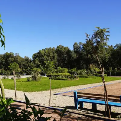 a blue bench in a park with trees in the background at Parc Nouaceur in Nouaseur
