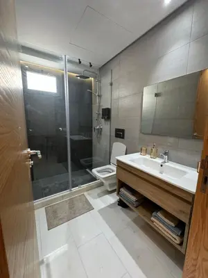 a bathroom with a sink and a shower and a toilet at au cœur de la Corniche in Casablanca