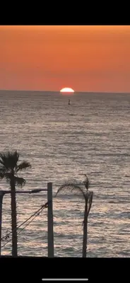 a sunset over the ocean with two palm trees at Appartement vue sur mer résidence Les vagues des sablettes Mansouria in Mohammedia