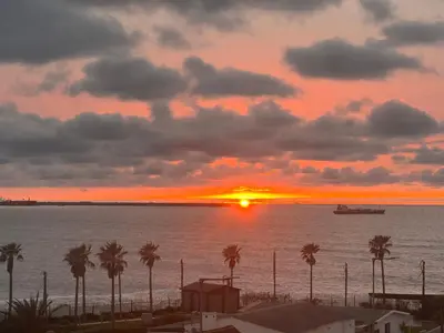a sunset over the water with palm trees and a boat at Appartement vue sur mer résidence Les vagues des sablettes Mansouria in Mohammedia