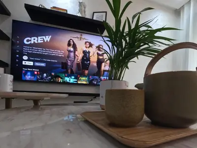 a television sitting on a table with a potted plant at Appartement balnéaire magnifique à Mohammedia Mansouria in Mansouria