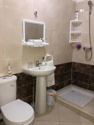 a bathroom with a sink and a toilet and a mirror at Zen and cosy Appart Rose Marie Kasbah in Skhirat