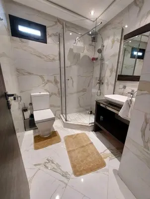 a bathroom with a shower and a toilet and a sink at Downtown apartment in Casablanca