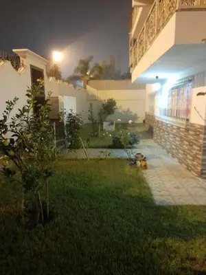 a dog sitting in the yard of a house at night at Villa entière in Azemmour