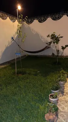a garden with two potted trees and a tent at Villa entière in Azemmour