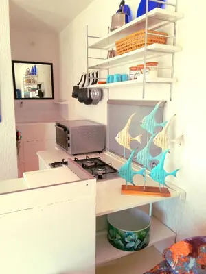 a kitchen with a counter with a stove and shelves at Skhirat terrace apartment at the beach in Skhirat