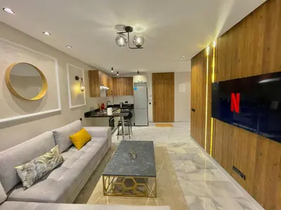 a living room with a couch and a tv at C39 1BR Studio - Cozy & Central in Maarif in Casablanca