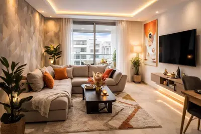 a living room with a couch and a tv at Luxury 1Ch Maarif Garage Fibre Netflix in Maarif