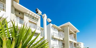 a street light in front of a building at Cosy Apartment with sea view in Sidi Rahal