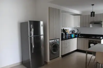 a kitchen with a refrigerator and a washing machine at Paradise 7 in Pont Blondin