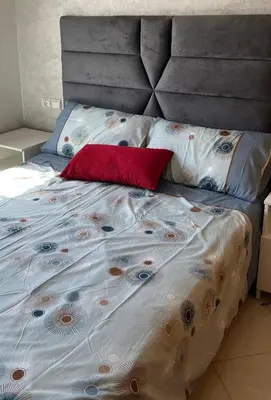 a bed with a gray headboard and a red pillow at appartement sublime in Oulad Hamida