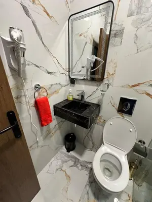 a bathroom with a toilet and a mirror and a sink at Appartement Casablanca proche de la mer in Dar Mouddene