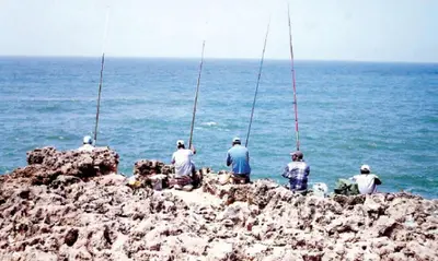 a group of people standing on a rocky shoreline with fishing rods at Très bel Appartement avec Piscine et Jardin in Mansouria