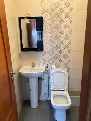 a bathroom with a toilet and a sink and a mirror at Appartement Oasis beach in Pont Blondin