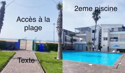 a pool in front of a building with the words access a la place at Les perles de tamaris in Dar Mohammed Ould Haj Jilali