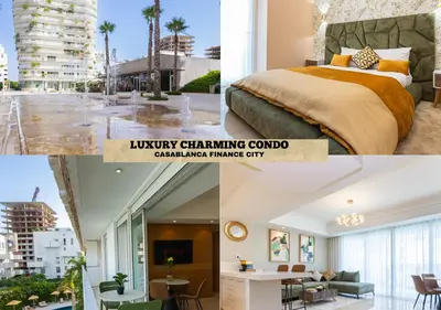 a collage of photos of a bedroom and a living room at Les Tours Végétales, Casablanca Finance City in Casablanca