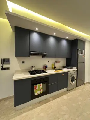 a kitchen with black cabinets and a stove and a dishwasher at Studio en plein centre de Casablanca in Casablanca