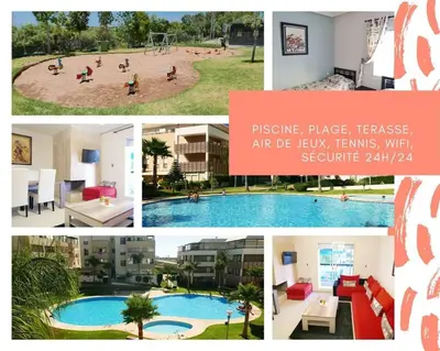 a collage of pictures of a pool with people playing at Appartement Haut Standing - Bouznika plage in Bouznika