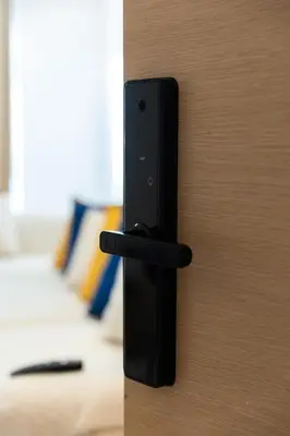 a black door handle on a wooden door at Prestigia Luxe Suite by MERAT HOME in Rabat