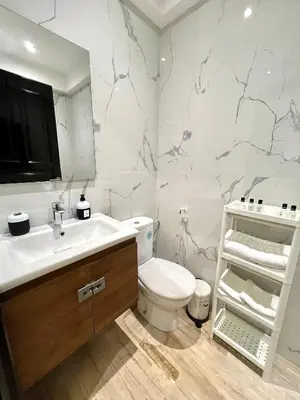a bathroom with a toilet and a sink at Stylish 2BR Appartement Central - 5 min Casa port in Casablanca