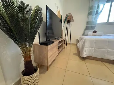 a bedroom with a bed and a tv and a palm tree at appartement exceptionnel vue sur mer pour famille uniquement in Rabat
