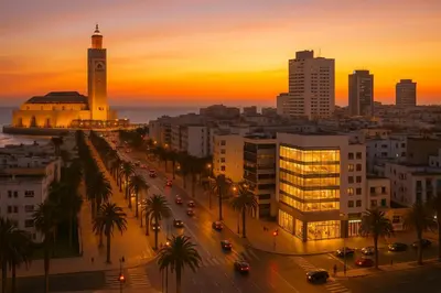 a city with a clock tower and a street at sunset at Confort & Charme à Casablanca in Maarif