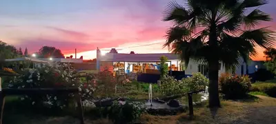 a house with a palm tree in a garden at sunset at Espace happy village settat in Settat