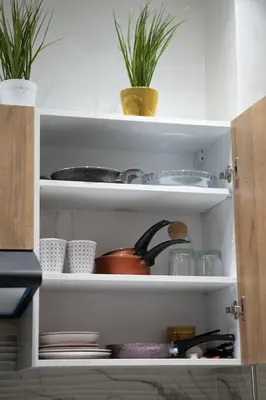 a kitchen cabinet with two potted plants in it at Séjour Élégant et Détente au Bord de la Piscine in Aïn Harrouda