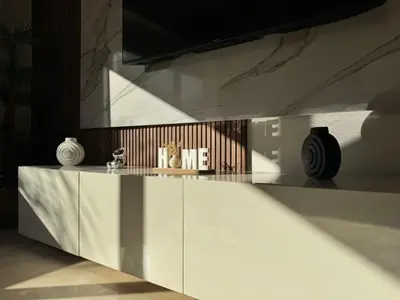 a kitchen with a white counter with a cat on it at 3 Bedroom apartment near Highway with parking in Casablanca