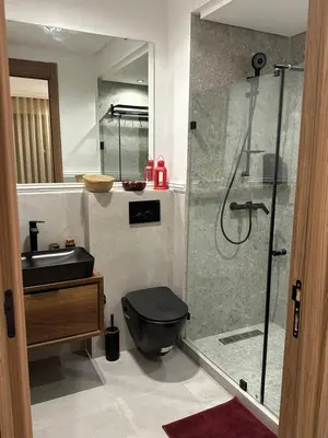 a bathroom with a shower and a toilet and a sink at Studio chaleureux 50m2 avec cuisine au centre de casa et proche du tramway ghandi in Casablanca