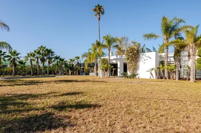 a house with palm trees in front of a field at Villa Luxueuse 4 Chambres au Cœur du Domaine a El Menzeh in El Menzeh