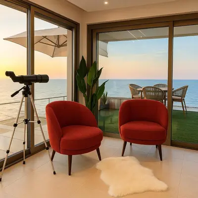 two chairs and a camera in a room with a view of the ocean at BlueVista - Yacht like Escape with Ocean Views in Rabat