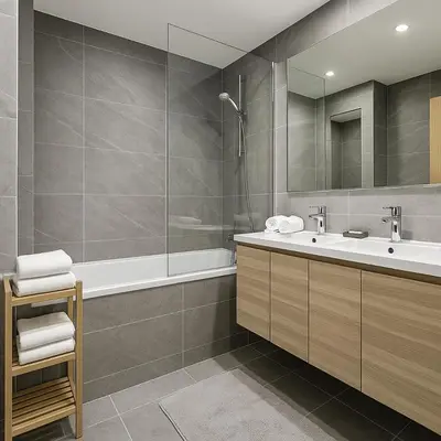 a bathroom with a sink and a tub and a mirror at BlueVista - Yacht like Escape with Ocean Views in Rabat
