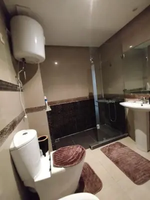 a bathroom with a shower and a toilet and a sink at Cozy 1-BR with Large Terrace in Casablanca