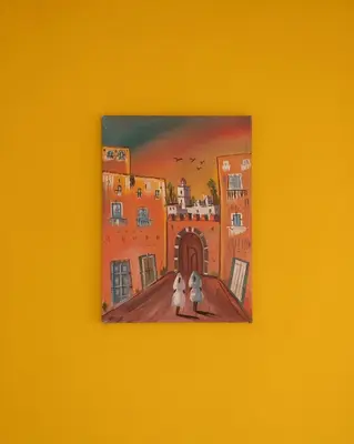 a painting of two people walking down a street at Serene 2 BR Apt Steps from Parks & Casa Finance City in Casablanca