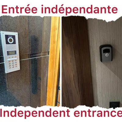 two pictures of a bathroom with an internet appliance and an apartment entrance at Elegance & Comfort - Les Princesses District in Casablanca